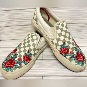 Vans Checkered Slip-On Sneakers with Red Rose Embroidery